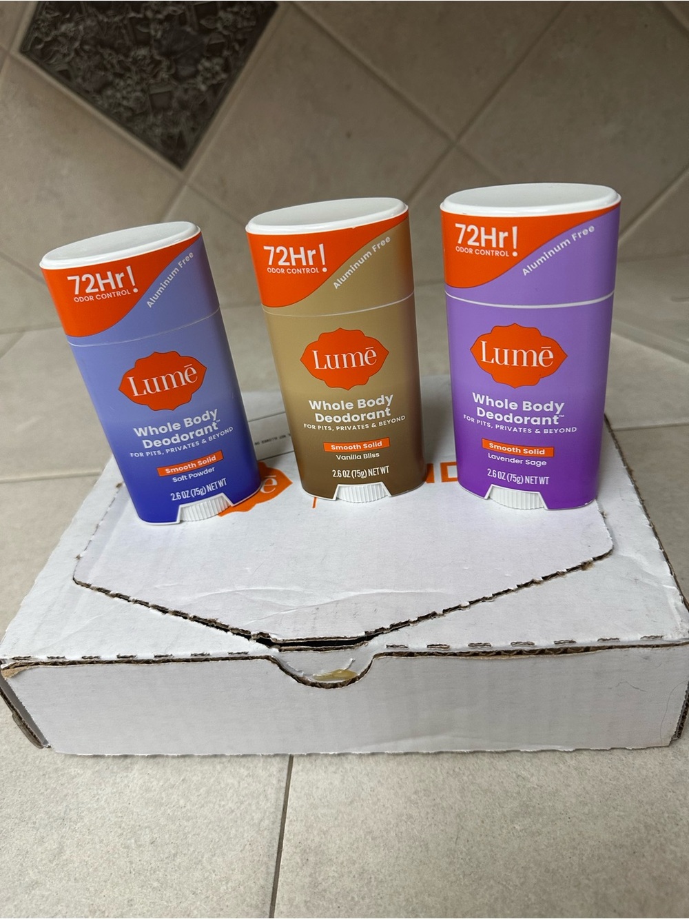LUME Whole Body Deodorant Trio —Soft Powder Vanilla Bliss & Lavender Sage (72Hr)